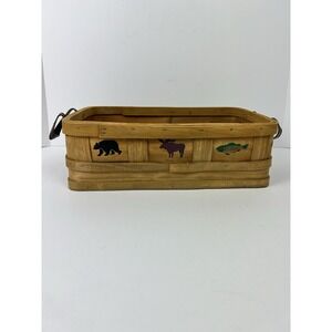 Vintage Rustic Bentwood Basket Bear Moose Fish Leather Handles Cabin Lodge Decor